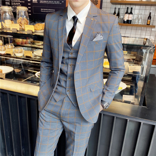 Men's Check Three-piece Suit, Suit, Vest, Trousers